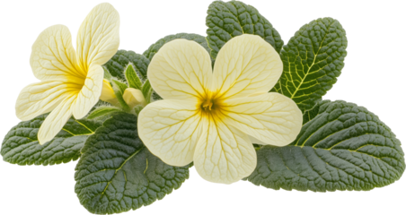 Pale yellow primrose flowers with green leaves on a transparent background. Each flower has five soft petals with darker veins. slightly curled. Isolated image in PNG format.
