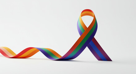 Curled rainbow ribbon symbolizing LGBTQ pride on a clean white background.