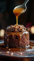 Delicious sticky toffee pudding drizzled with warm caramel sauce served on a dark plate
