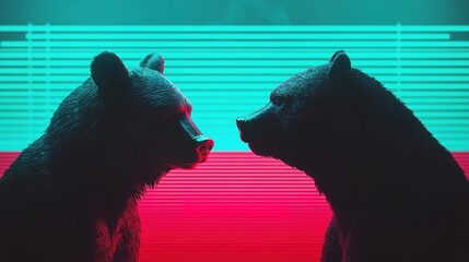 Bull and bear silhouettes facing off digital art financial concept neon environment dramatic viewpoint