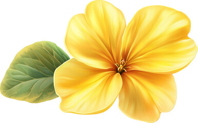 Bright yellow primrose with a delicate texture and soft green leaf. Isolated PNG botanical close-up on a transparent background.
