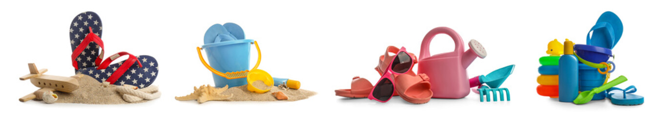 Collage of beach accessories for children on white background