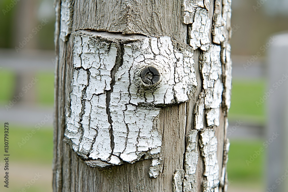 Poster close-up of aged tree trunk bark texture with white patches and knot