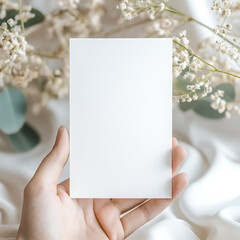 Obraz premium wedding card mockup, invitation card mockup, birthday card mockup, thank you card mockup, white blank paper card mockup held by a woman, white flower and silk cotton cloth background