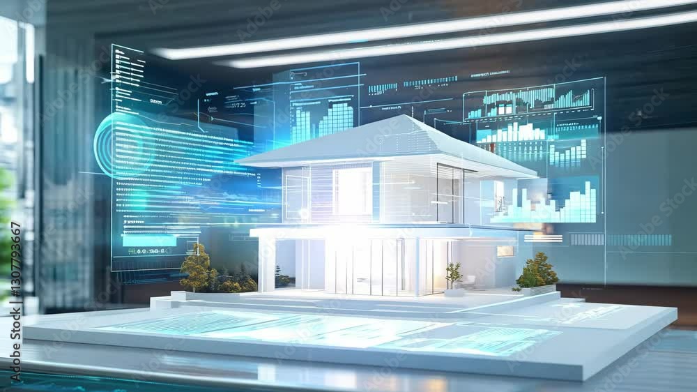 Poster a detailed smart home model is presented in an urban environment with digital overlays of data and a