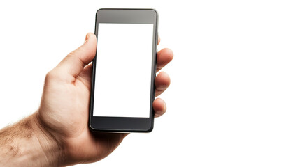 Blank Screen Phone: Man&rsquo;s hand showing a smartphone with a white screen in vertical orientation, isolated with a pure white background