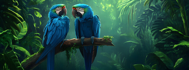 Two blue macaw parrots sitting on a tree branch in the jungle
