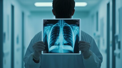 Doctor analyzing chest x-ray in hospital corridor medical imaging professional environment clinical perspective