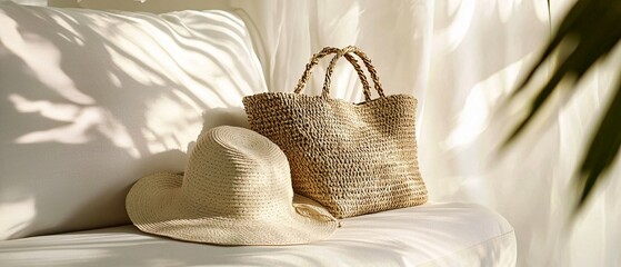 A straw hat and bag rest upon a soft white cushion