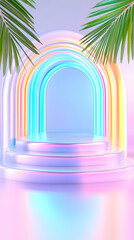 Pastel rainbow archway backdrop; product display; tropical leaves; vibrant studio; marketing visuals