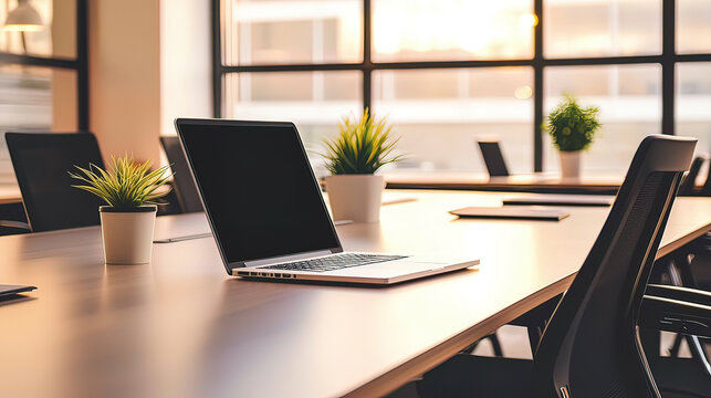 Contemporary Meeting Room Desk: Open laptop on a modern office table with a clean design, in a meeting room equipped with other office essentials