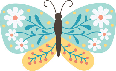 Folk style butterfly isolated on white background. Flying  insect with a floral ornament on its wings