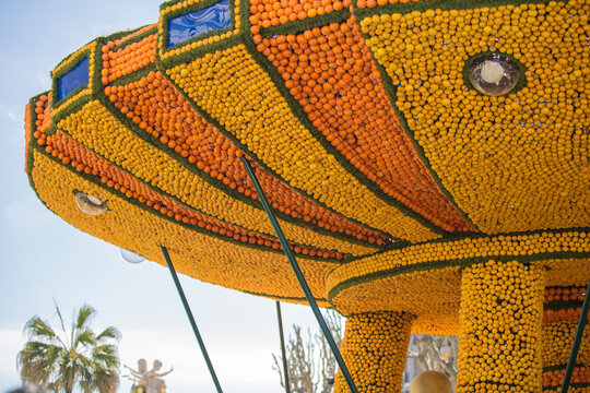 Menton, France,Provence-Alps-Azure Coast. Lemon Festival.Traditional Parades of citrus floats and animated by groups. Carnival parade themed Journeys to the stars.Fete du Citron
