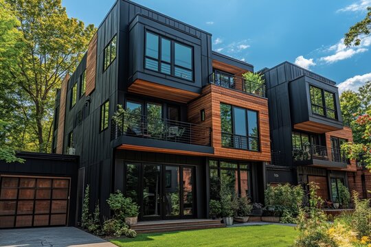 Residential townhouses featuring modern architecture and black and wood exteriors provide a stylish and comfortable living experience in the city