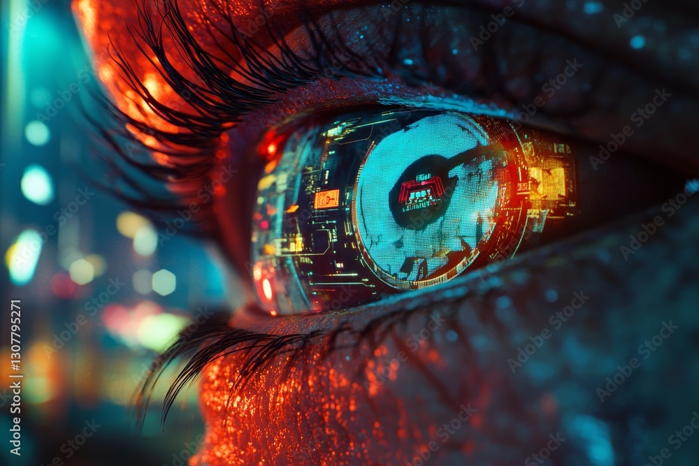 Poster the image depicts a futuristic cyborg eye at close range, complete with glowing circuits and a hud i