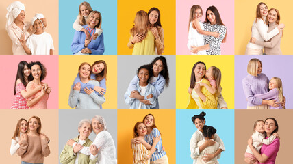 Set of happy mothers and their daughters on color background