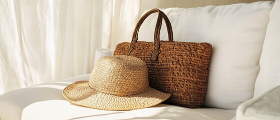 A woven beach bag and sun hat rest on a white cushion