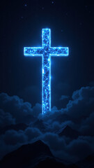 Naklejka premium A cross floating on a cloudy sky with mountains below.