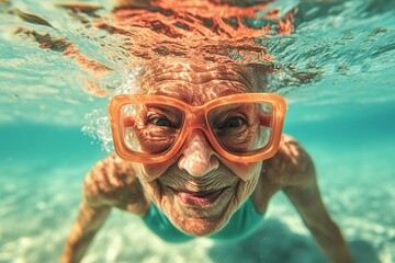 Naklejka premium An energetic elderly woman is depicted swimming beneath the surface of crystal-clear blue water, donning a pair of orange goggles, and embracing a healthy way of life