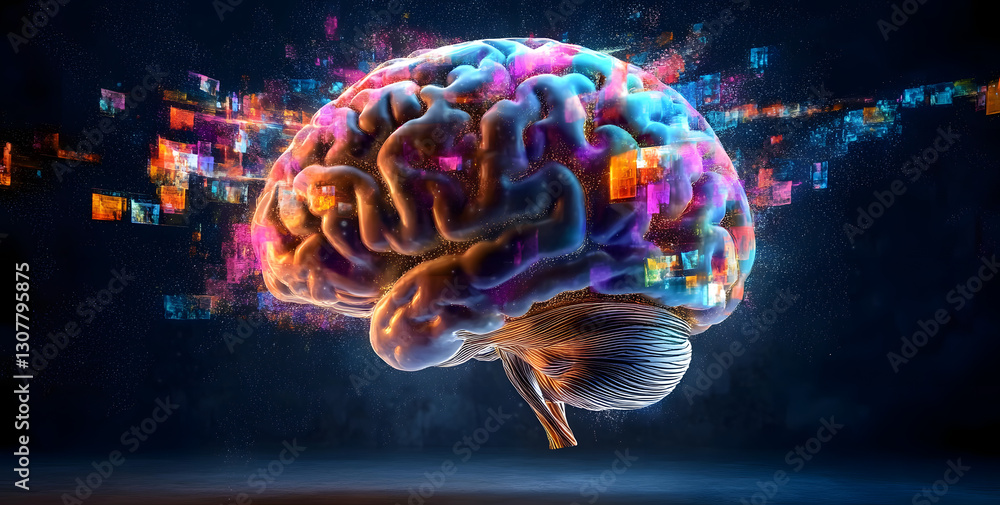 Poster concept of a human brain full with creativity, shows multiple colors and action - generative ai imag