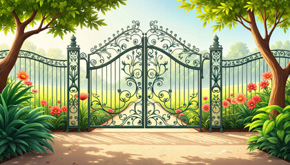 Fototapeta premium Intricate iron fencing design framing a sunny garden path, elegance