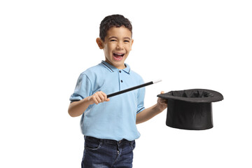 Cute little boy holding a top hat and a magic wand