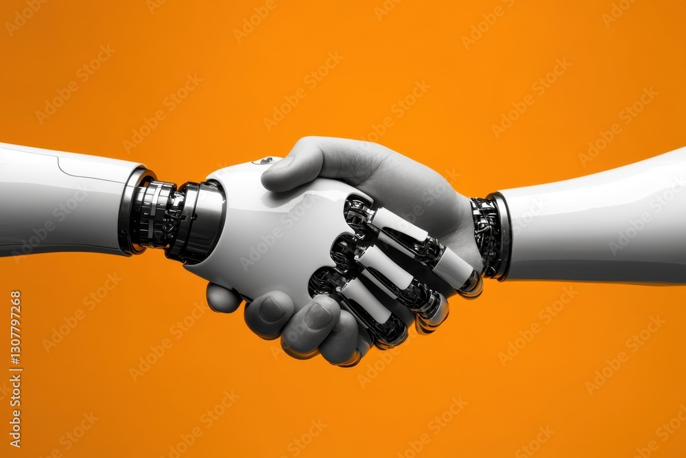 Aufkleber harmony of tomorrow: a striking image capturing the symbolic handshake between a human hand and a ro