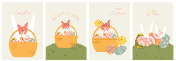 A set of vintage happy Easter Illustrations with rabbit, cute chickens and a basket of Easter eggs, in pastel colors. Poster, postcard, poster.