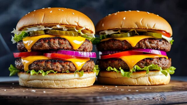 Two delicious big burgers close-up lying on the table