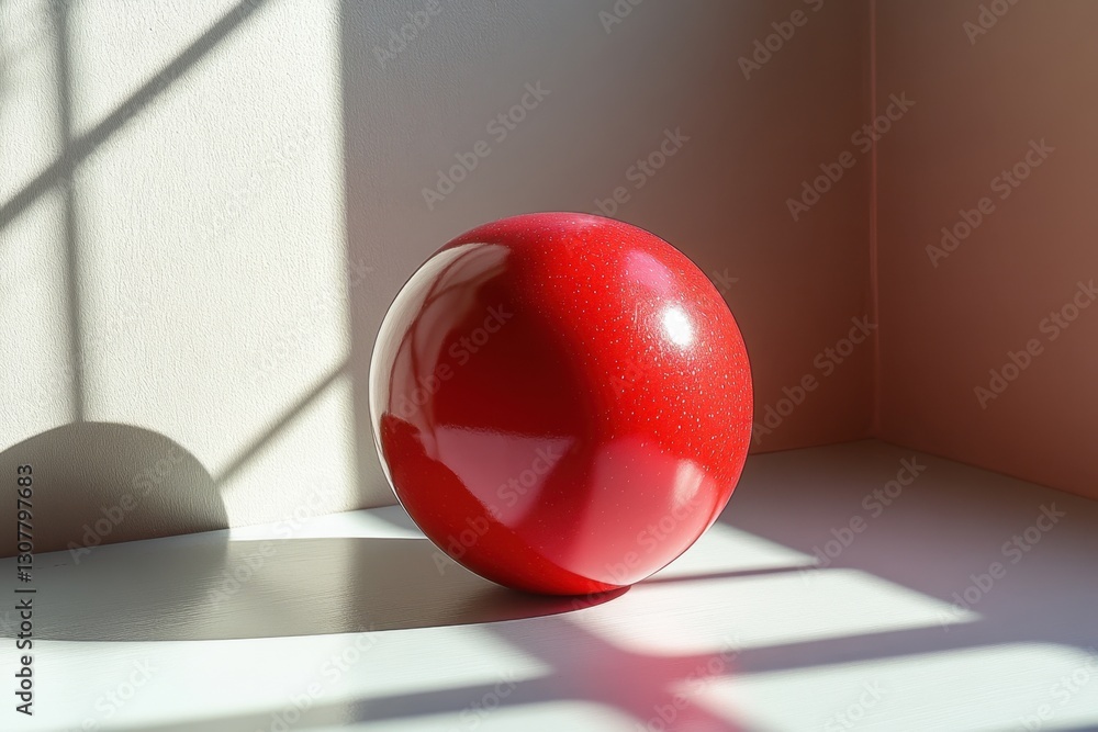 Poster crimson sphere: a perfectly spherical red object casts a captivating interplay of light and shadow, 