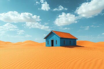 Desert Oasis: A solitary turquoise house with a red roof stands starkly against the undulating orange sand dunes beneath a bright blue sky dotted with fluffy clouds.