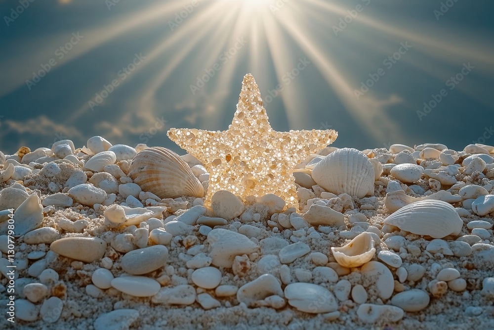 Poster glowing star on shore: a close-up shot of a shimmering, star-shaped object resting on a bed of pebbl