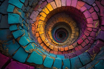 Fototapeta premium A colorful spiral staircase creates a tunnel effect with illumination at its terminus, representing hope, advancement, and a path to the unexplored