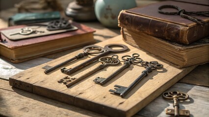 A collection of vintage keys displayed on a rustic wooden table evoking nostalgia and history