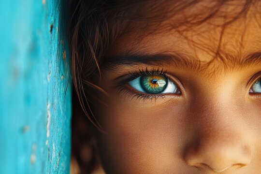 A young Indian girl's expressive eyes convey a mix of hope and sadness in a close-up portrait, encapsulating the intricacies of growing up in difficult conditions