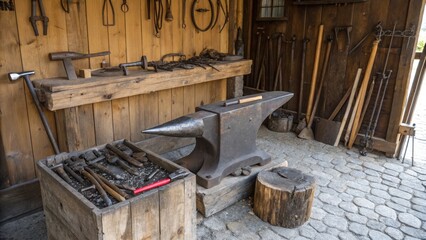 Traditional blacksmith workshop featuring tools of the trade and craftsmanship in action