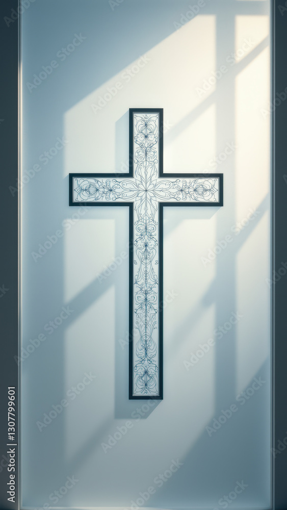 Poster a large christian cross with light streaming behind it on a wall.
