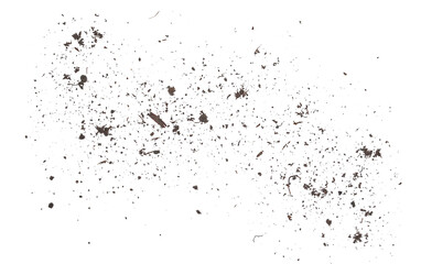 Dirt, soil pile flying isolated on white background