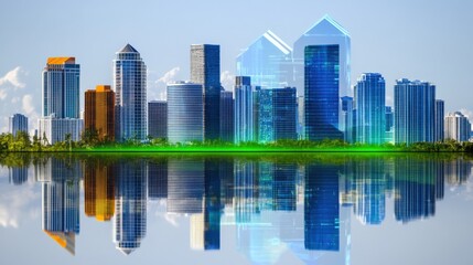 Obraz premium Urban skyline reflection cityscape photograph modern environment aerial view urban development