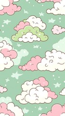 Dreamy pastel clouds and twinkling stars seamless pattern illustration