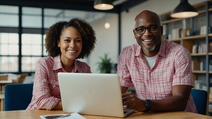Smiling Diverse Team Working on Laptop in Office