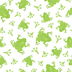 Fototapeta premium Green Frog and footprints seamess pattern. Vector watercolor illustration