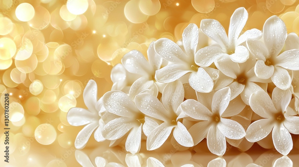 Poster white flowers blooming with bokeh lights creating a warm, soft background