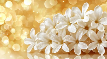 Fototapeta premium White flowers blooming with bokeh lights creating a warm, soft background