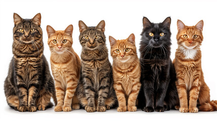 Six Beautiful Cats Sitting in a Row on White Background
