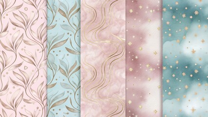 "Beautiful seamless watercolor texture in pastel colors, featuring soft brushstrokes and delicate gradients. The texture should have a dreamy, artistic feel with light pink, lavender, mint, and baby