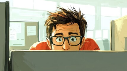 Curious man peeking over computer in office