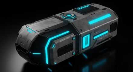 Obraz premium Sci-Fi Container 3D Render with Blue Glow - Futuristic Tech Asset on Black.