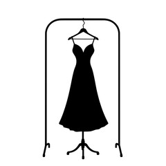A black silhouette of a dress hangs on a simple clothes rack 