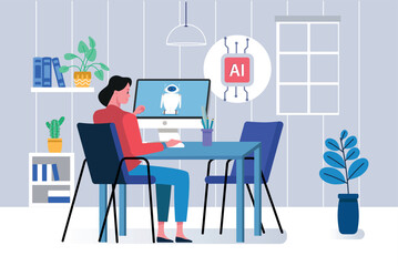 Woman working with artificial intelligence on computer from home office